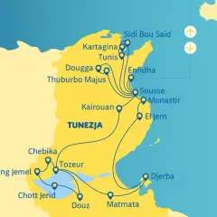 Mapa Tunezji z zaznaczonymi miastami i trasami. Widoczna jest wyspa Djerba, Sycylia i Algieria.