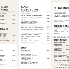 Menu karczmy z deserami, napojami, piwami regionalnymi, drinkami i alkoholami.