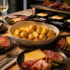 Un appareil à raclette chauffe, prêt pour un festin de pommes de terre, charcuterie et fromage. Une invitation à partager la raclette.