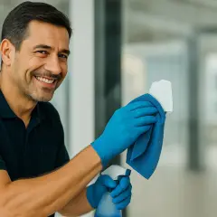 Uomo sorridente con guanti blu che pulisce una superficie metallica, usando uno spray e un panno per togliere etichette adesive dal metallo.