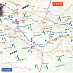 Carte des Pyrénées ariégeoises et des châteaux cathares, avec un drapeau historique et des sentiers de randonnée.