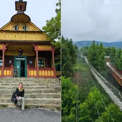 Kolorowy budynek w Beskidzie Morawskim i wiszący most wśród drzew.