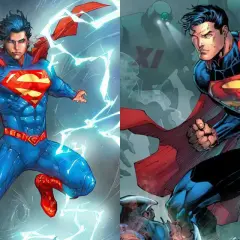 Superman w ikonicznym kostiumie, otoczony błyskawicami i w walce z robotem.
