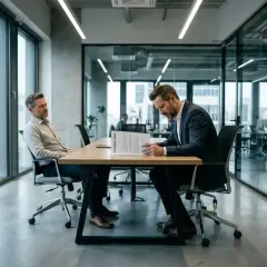 Dwóch mężczyzn przy biurku w nowoczesnym biurze. Jeden czyta dokument, który może dotyczyć rozwiązania umowy o pracę.