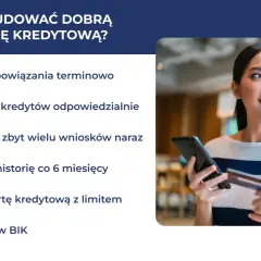 Kobieta z kartą i telefonem uśmiecha się, patrząc w bok. Obok lista porad, jak budować dobrą historię kredytową, w tym używaj alertów BIK.