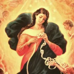 Mary, Rozwiązująca Węzły, z aniołami wokół, symbolizuje nadzieję i rozwiązanie problemów. Nowenna rozwiązująca węzły świadectwa.