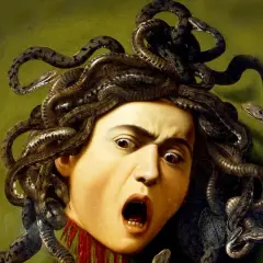 A severed head of Medusa in art, her face contorted in a scream, with writhing snakes for hair. Blood drips from her neck.