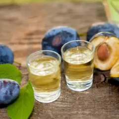 Dwa kieliszki ze złotym płynem, otoczone dojrzałymi śliwkami i liśćmi. To tradycyjny albański alkohol, idealny na letnie wieczory.