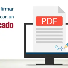 Guía para firmar un PDF con certificado digital. Una persona usa un lápiz gigante para estampar su e signature en un documento PDF en pantalla.