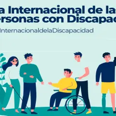 Cartel del Día Internacional de las Personas con Discapacidad. Ilustración de personas diversas, incluyendo una ciega, una en silla de ruedas y un hombre con prótesis.
