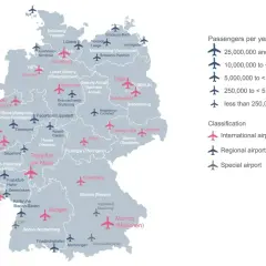 Mapa lotnisk w Niemczech: międzynarodowe (różowe), regionalne (niebieskie) i specjalne (szare).