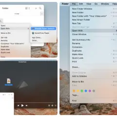 macOS Finder showing how to open .wmv files with Elmedia Player, the default application.