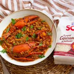 Un delicioso arroz con bogavante, preparado con arroz SOS Especial Caldosos y melosos, adornado con perejil fresco.
