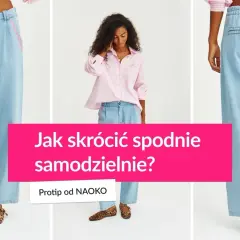 Jak skrócić spodnie materiałowe bez maszyny? Modelka w jasnych jeansach i różowej koszuli prezentuje trik.