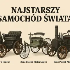 Ilustracja przedstawia trzy zabytkowe pojazdy: parowy Fardier à vapeur oraz dwa Benz Patent-Motorwagen. To najstarszy samochód na świecie i jego poprzednicy.