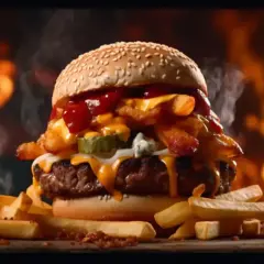 Soczysty burger z frytkami i serem, polany obficie sosem amerykańskim, na tle płomieni.