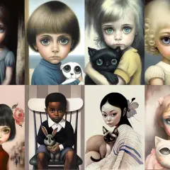 Kolekcja obrazów w stylu Margaret Keane, z wielkimi oczami dzieci i zwierząt. Sprawdź margaret keane obrazy cena.