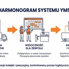 Diagram przedstawia proces zarządzania operacyjnego: rezerwacja przewoźników, widoczność dla zespołu i aktualizacja z integracją, co zapewnia płynny logistykę.