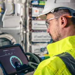 Técnico revisa datos en tablet, cerca de paneles y cables. La pantalla muestra un medidor, indicando el rendimiento de los generadores de calor.