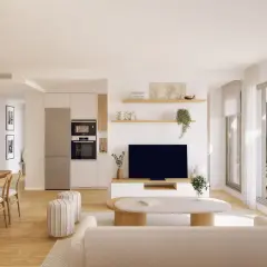 Salón moderno con comedor y cocina integrados. La diferencia entre piso y apartamento se nota en la amplitud y las vistas desde el balcón.