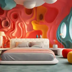 Dormitorio moderno con pared ondulada en tonos coral y amarillo. Cama blanca con ropa de cama gris y manta coral. Inspiración para modernos rayas en el pelo para niños.