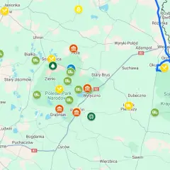 Mapa turystyczna Polesie Lubelskie z zaznaczonymi atrakcjami, szlakami i parkingami. Widoczne m.in. Poleski Park Narodowy i Sobiborski Park Krajobrazowy.