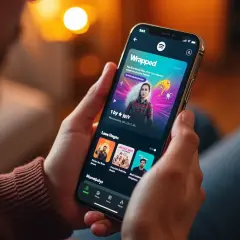Osoba przegląda Spotify Wrapped na telefonie, odkrywając swoje muzyczne podsumowanie roku.