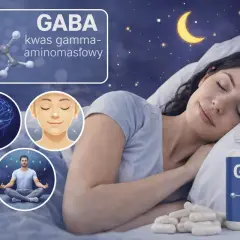 Kwas gamma-aminomasłowy (GABA) wspiera spokojny sen. Na obrazie kobieta śpi, obok butelka suplementu GABA i kapsułki.