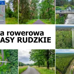 Pętla rowerowa Lasy Rudzkie zaprasza na malownicze trasy wśród zieleni. Zdjęcia ukazują ścieżki, mosty i wieżę widokową.