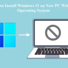 Anleitung: neuer PC ohne Betriebssystem Windows 11 installieren. Laptop mit Verbotsschild zeigt, dass kein OS vorhanden ist.