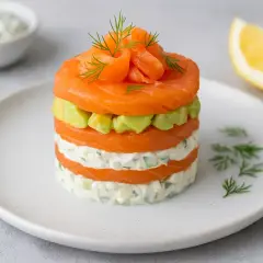 Un millefeuille saumon et avocat, garni d'aneth, sur une assiette blanche. Un quartier de citron est visible à droite.