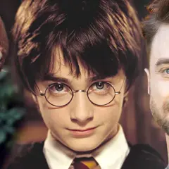 Drei Harry Potter Schauspieler: Rupert Grint, Daniel Radcliffe als Kind und Daniel Radcliffe als Erwachsener.
