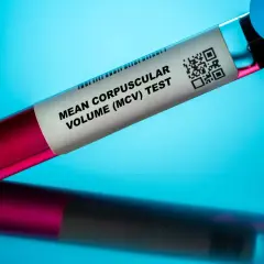 Probówka z krwią do badania MCV (średnia objętość krwinki). To badanie pomaga ocenić wielkość czerwonych krwinek.
