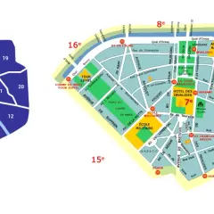 Mapa Paryża z zaznaczonymi dzielnicami. 7. dzielnica, znana jako 9 dzielnica Paryża, jest wyróżniona kolorem.
