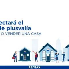 Ilustración de casas y personas, con un globo aerostático RE/MAX y una mano depositando una moneda. Ayuda a calcular plusvalía al comprar o vender.