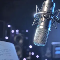 Microphone argenté devant des lumières bleues. Une partition "AI Song Generator" et un écran affichent "Create. Inspire. Sing." pour un refrain musique.
