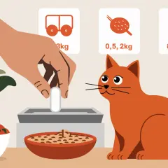 Un chat roux attend sa dose de Credelio. L'image montre une main plaçant une pilule dans un distributeur, avec des indications de poids pour le chat.