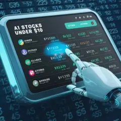 Ein Roboterarm tippt auf ein Tablet mit einer Liste von KI-Aktien unter 10 Dollar, vor einem Hintergrund aus Börsenkursen.