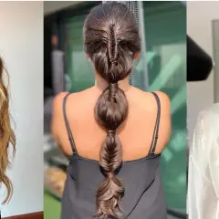 Tres estilos de recogidos pelo largo: trenza de burbujas, media coleta con ondas y trenza lateral.
