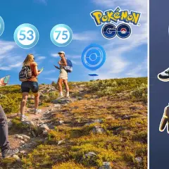 Wskazówki do gry Pokemon Go: gracze wędrujący po górach, cyfry 31, 53, 75, ikony przedmiotów i logo gry.
