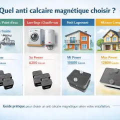 Guide pour choisir un anti calcaire magnétique. Aide à prévenir la formation du calcaire pour robinet, lave-linge, petit logement ou maison complète.