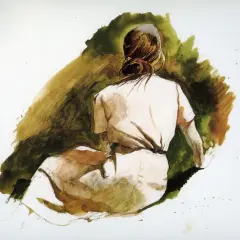 Akwarela w stylu Andrew Wyeth: kobieta w jasnej sukience siedzi tyłem, otoczona zielono-brązowym tłem.