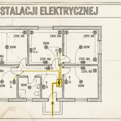 Schemat instalacji elektrycznej mieszkania z rozmieszczeniem gniazd, lamp i przełączników.