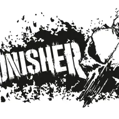 Czarno-białe logo z napisem "THE PUNISHER" i stylizowaną czaszką. Efekt rozbryzgów i zniszczenia.