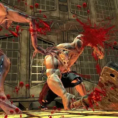 Krwawa scena z gry Splatterhouse: potwór z pazurami atakuje przeciwnika gigantycznym tasakiem, rozpryskując krew.