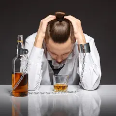 Mężczyzna w kajdanach, przykuty do butelki alkoholu i szklanki. Obraz symbolizuje uzależnienie i pokazuje, jak działa wszywka alkoholowa, jako symbol zniewolenia.