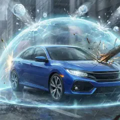 Niebieski samochód chroniony magiczną barierą przed spadającym drzewem i gradem. Czy autocasco to warto? Odpowiedź widać na obrazku.