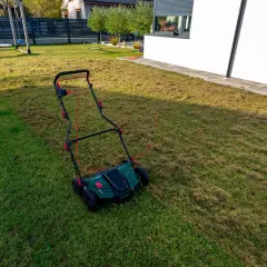 Wertykulacja trawnika w toku. Aerator pozostawił na trawie warstwę ściółki, przygotowując ją do lepszego wzrostu.