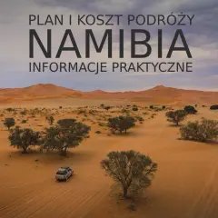 Plan podróży i koszty na wycieczkę do Namibii. Pustynny krajobraz z drzewami akacjowymi i samochodem terenowym.