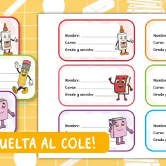 Plantillas de etiquetas para imprimir gratis con dibujos de útiles escolares animados. ¡Perfectas para la vuelta al cole!